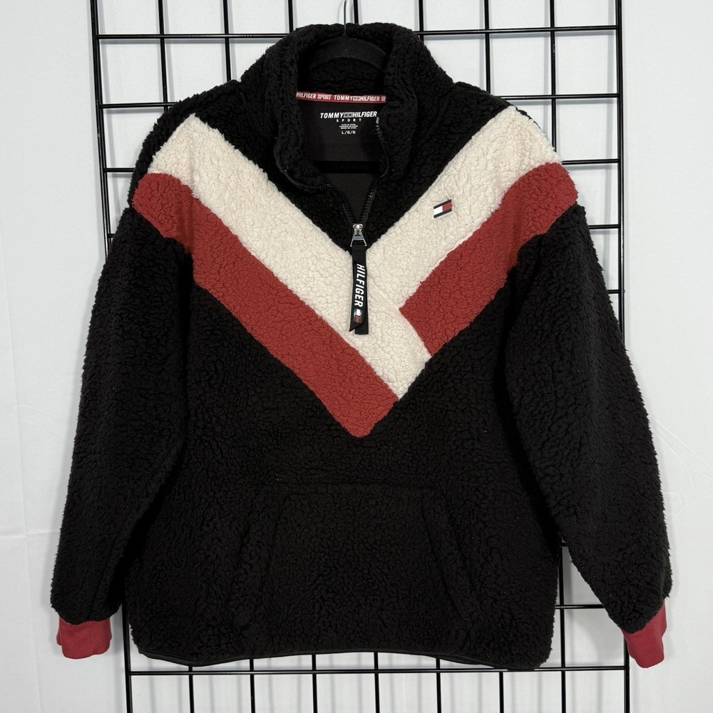 Tommy Hilfiger Chevron Sherpa Sweater Womens Large L Black Fuzzy Outdoor Casual‎